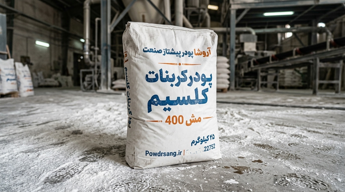 کیسه 25 کیلوگرمی پودر کربنات کلسیم مش 400 تولید شده در کارخانه کربنات کلسیم آروشا پودر