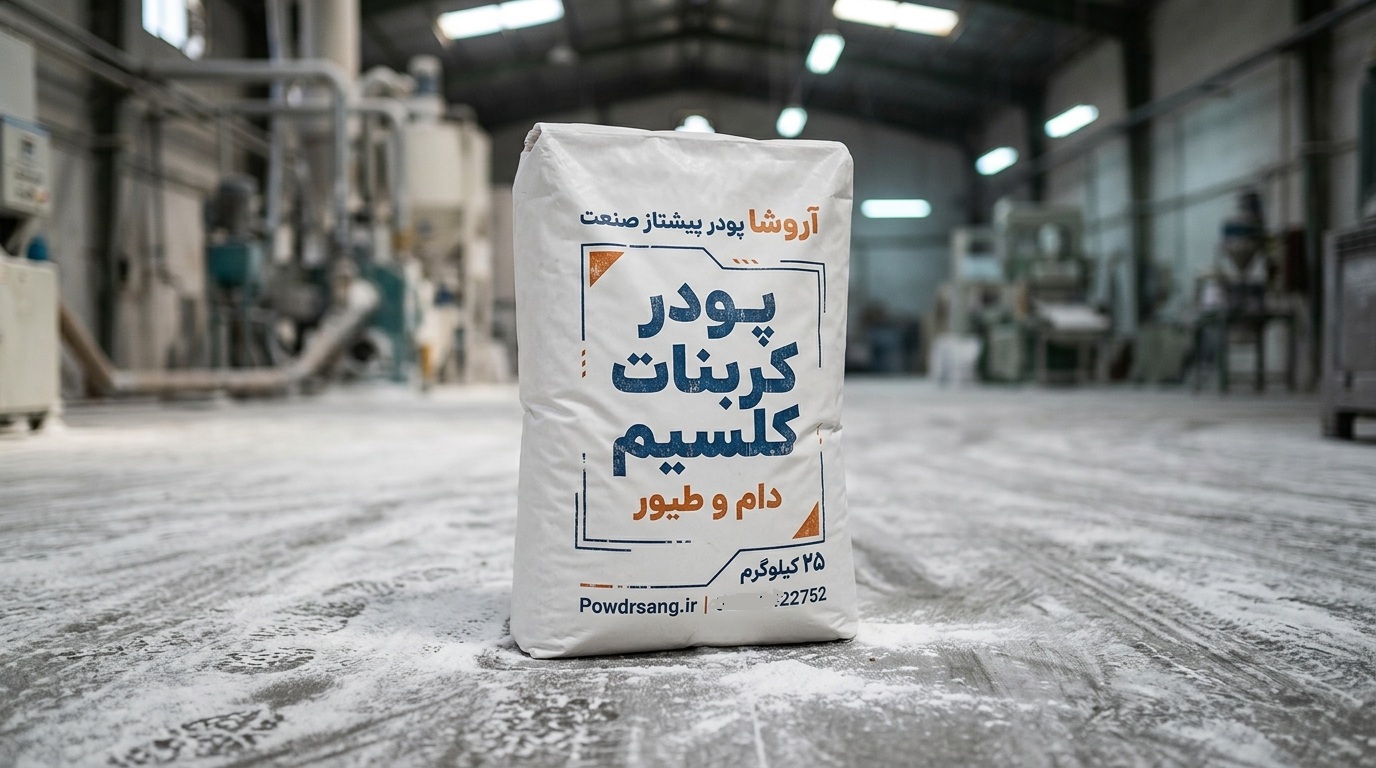 کیسه 25 کیلوگرمی کربنات کلسیم دام و طیور تولید شده در کارخانه تولید کربنات کلسیم آروشا پودر
